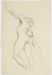 Floating Male Nude in Strong Foreshortening Facing Upwards Left